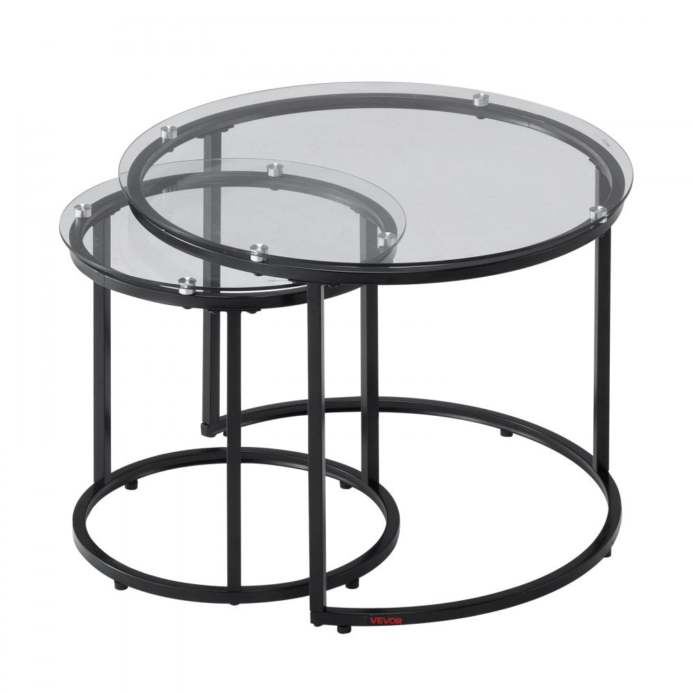 VEVOR Nesting Coffee Table Set of 2, 23.6 in Round Coffee Table, Glass Nesting Tables for Small Place, Modern End Side Tables Night Stand with Metal Frame, for Living Room, Bedroom, Balcony, Office