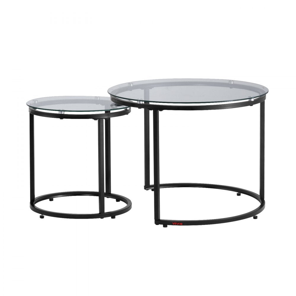 VEVOR Nesting Coffee Table Set of 2, 23.6 in Round Coffee Table, Glass Nesting Tables for Small Place, Modern End Side Tables Night Stand with Metal Frame, for Living Room, Bedroom, Balcony, Office