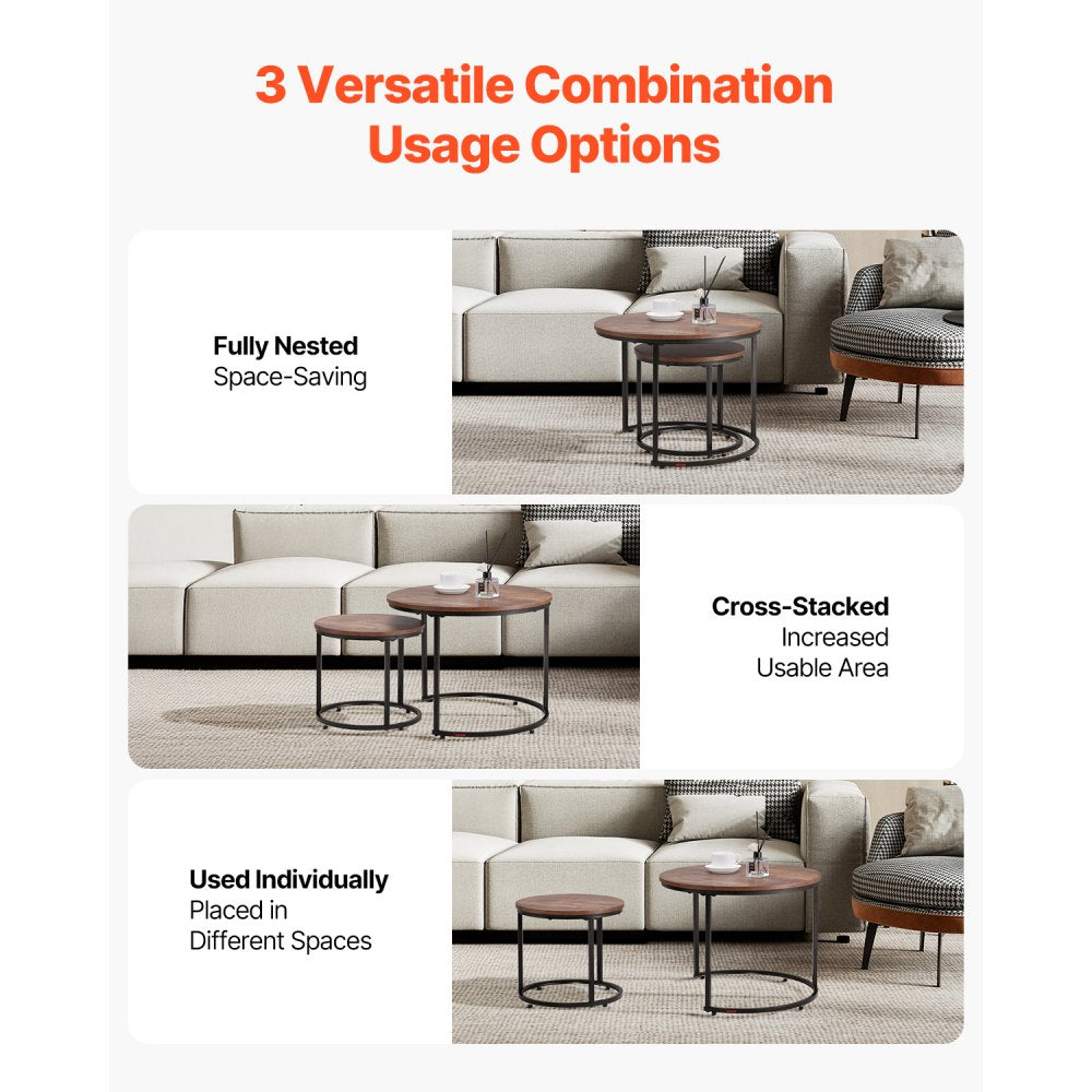 VEVOR Nesting Coffee Table Set of 2, 23.6 in Round Coffee Table, Nesting Tables for Small Place, End Side Tables Night Stand with Metal Frame, for Living Room, Bedroom, Office (Vintage Brown & Black)