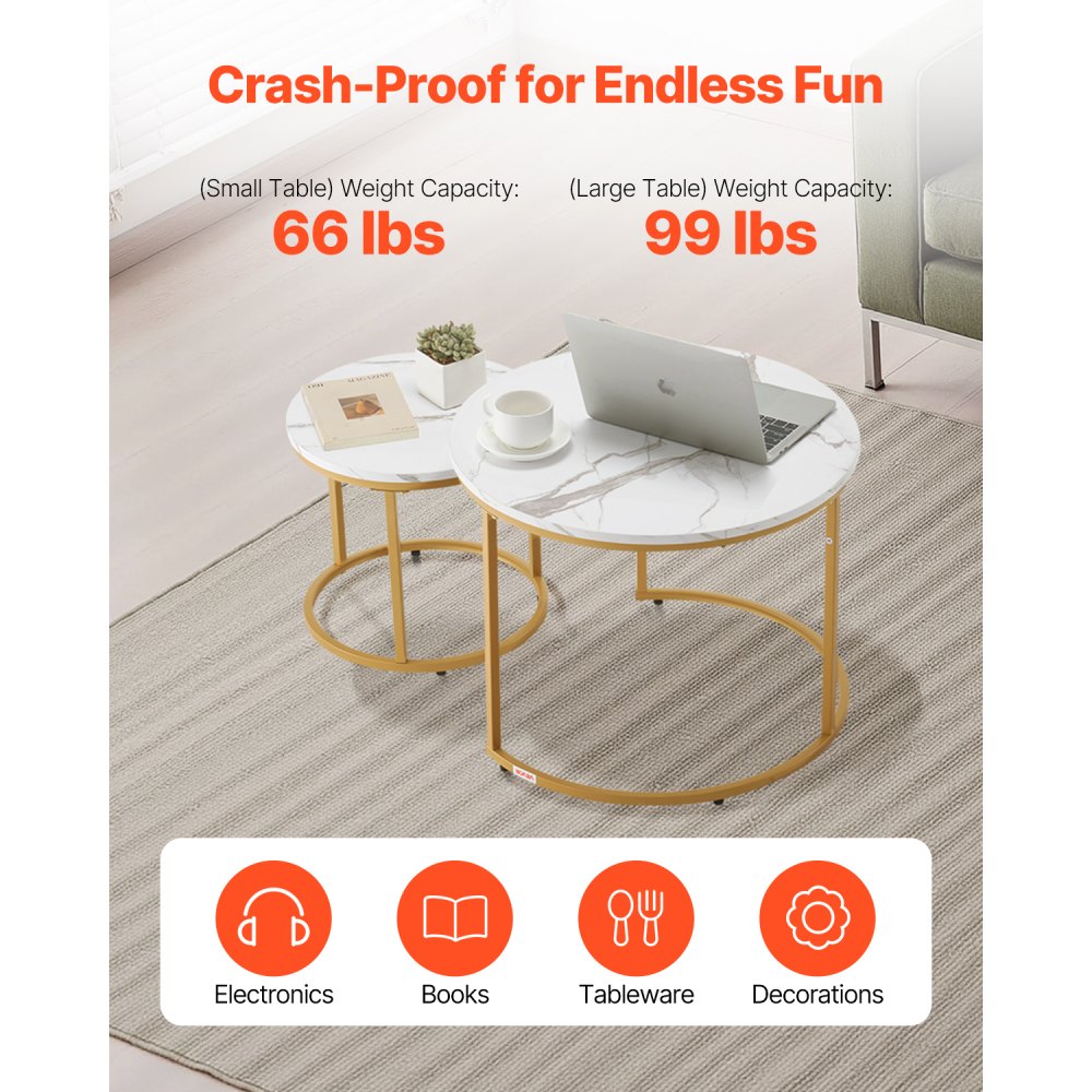 VEVOR Nesting Coffee Table Set of 2, 27.6 in Round Coffee Table, Nesting Tables for Small Place, Vintage End Side Tables Night Stand with Metal Frame, for Living Room, Bedroom, Office (White & Gold)