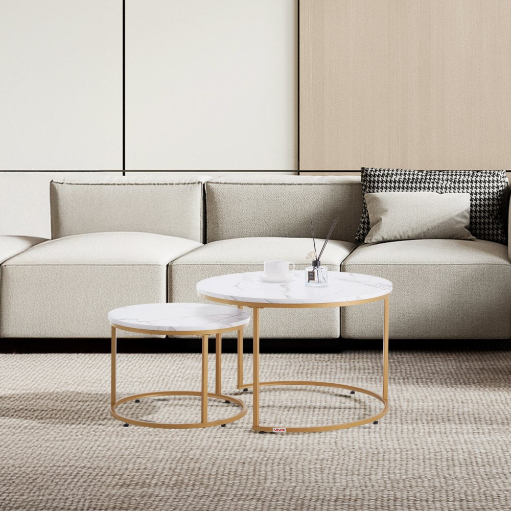 VEVOR Nesting Coffee Table Set of 2, 27.6 in Round Coffee Table, Nesting Tables for Small Place, Vintage End Side Tables Night Stand with Metal Frame, for Living Room, Bedroom, Office (White & Gold)