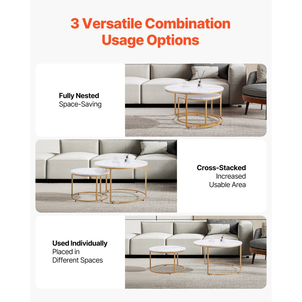 VEVOR Nesting Coffee Table Set of 2, 31.5 in Round Coffee Table, Nesting Tables for Small Place, Vintage End Side Tables Night Stand with Metal Frame, for Living Room, Bedroom, Office (White & Gold)