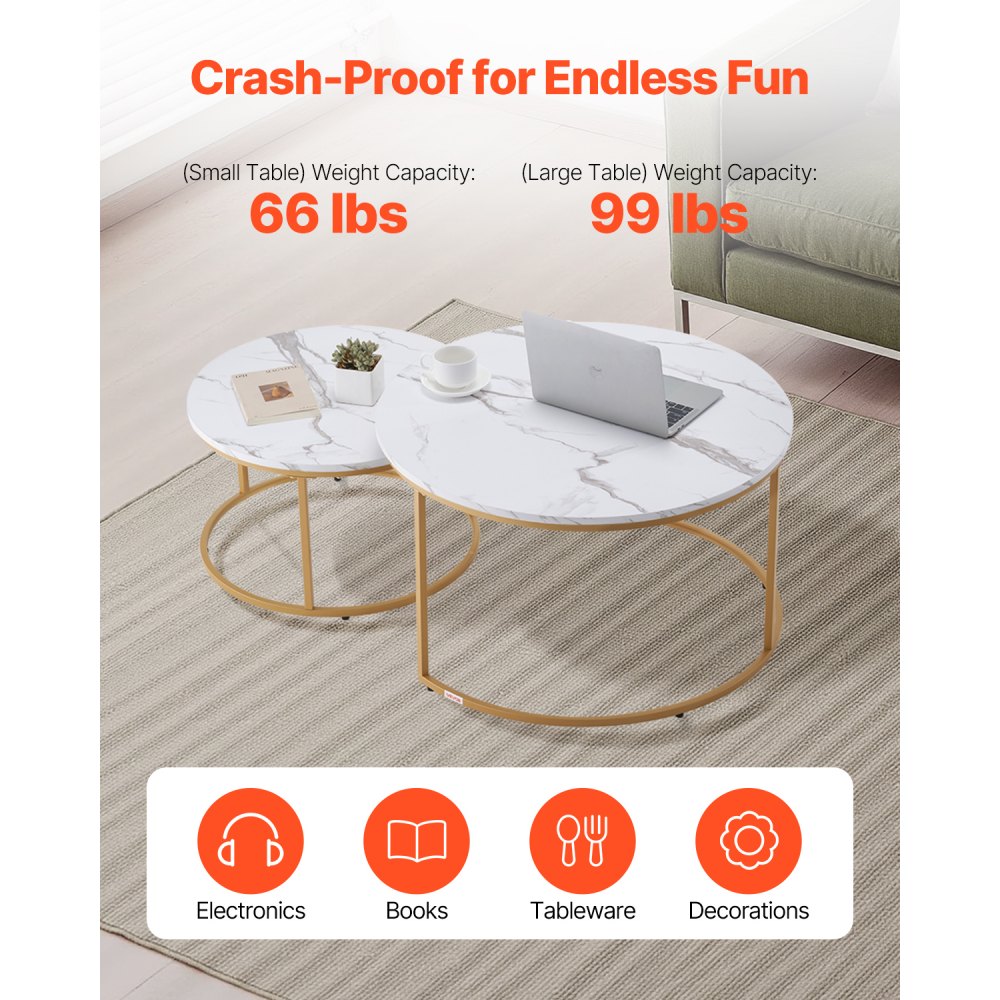 VEVOR Nesting Coffee Table Set of 2, 31.5 in Round Coffee Table, Nesting Tables for Small Place, Vintage End Side Tables Night Stand with Metal Frame, for Living Room, Bedroom, Office (White & Gold)