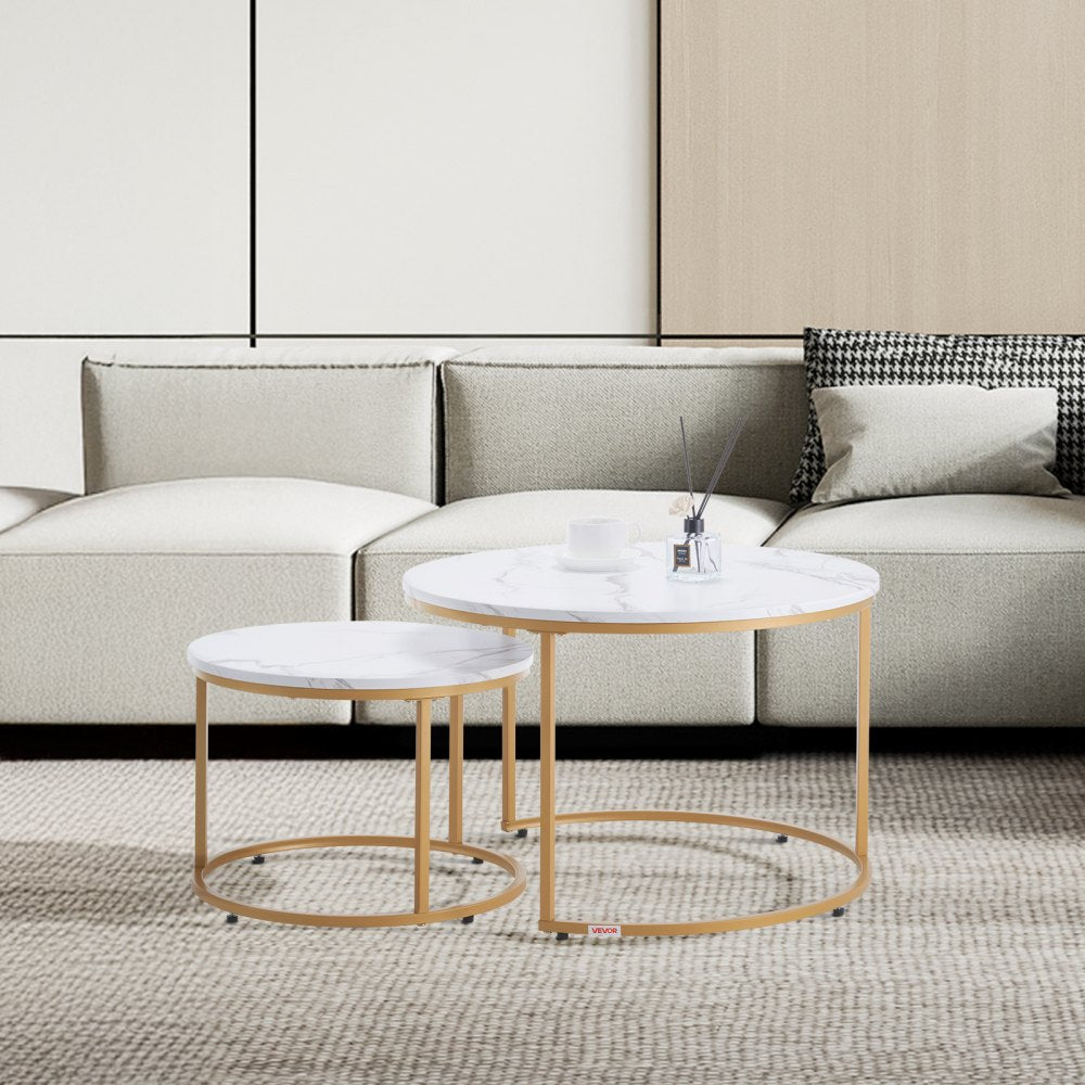VEVOR Nesting Coffee Table Set of 2, 31.5 in Round Coffee Table, Nesting Tables for Small Place, Vintage End Side Tables Night Stand with Metal Frame, for Living Room, Bedroom, Office (White & Gold)