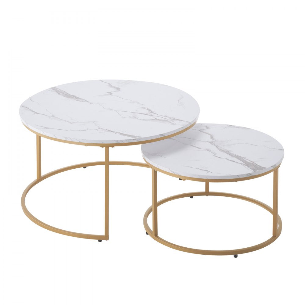 VEVOR Nesting Coffee Table Set of 2, 31.5 in Round Coffee Table, Nesting Tables for Small Place, Vintage End Side Tables Night Stand with Metal Frame, for Living Room, Bedroom, Office (White & Gold)