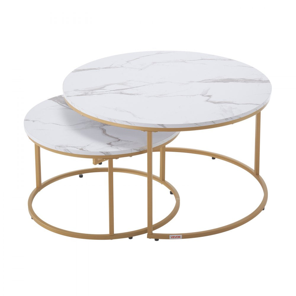 VEVOR Nesting Coffee Table Set of 2, 31.5 in Round Coffee Table, Nesting Tables for Small Place, Vintage End Side Tables Night Stand with Metal Frame, for Living Room, Bedroom, Office (White & Gold)