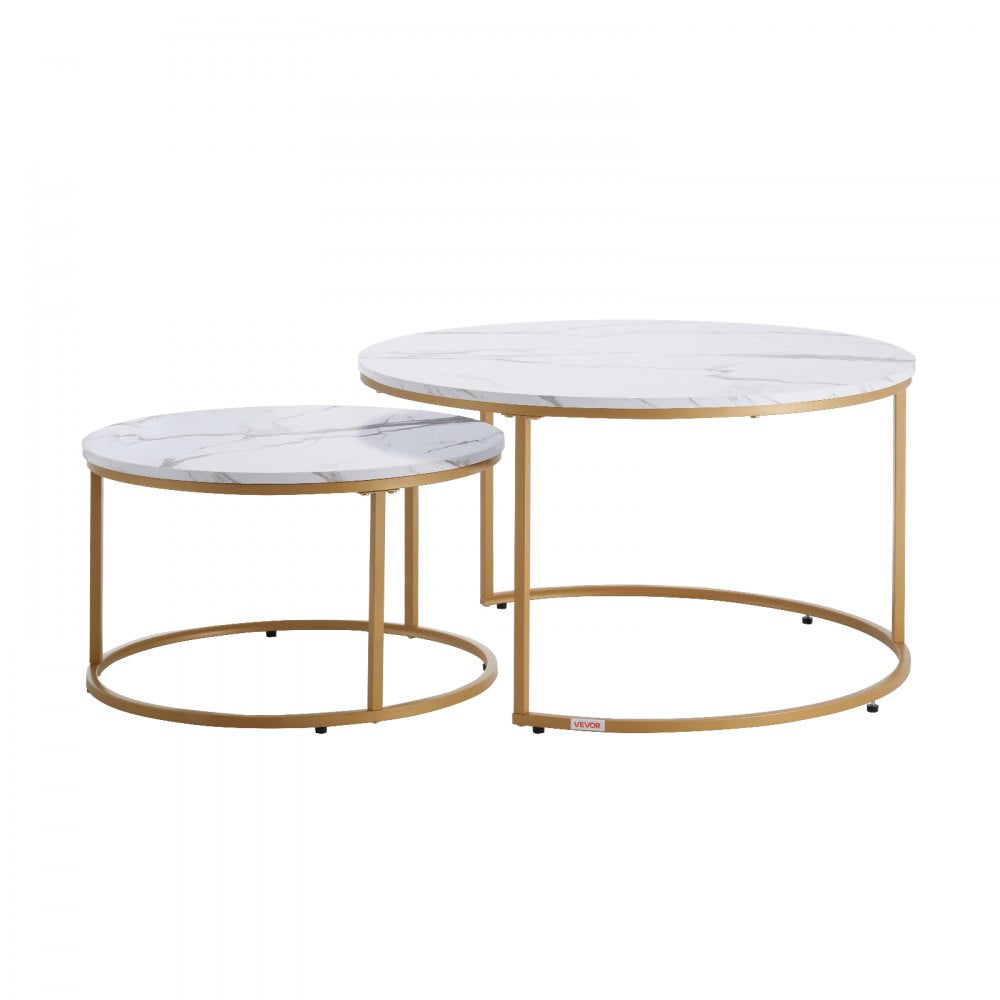 VEVOR Nesting Coffee Table Set of 2, 31.5 in Round Coffee Table, Nesting Tables for Small Place, Vintage End Side Tables Night Stand with Metal Frame, for Living Room, Bedroom, Office (White & Gold)
