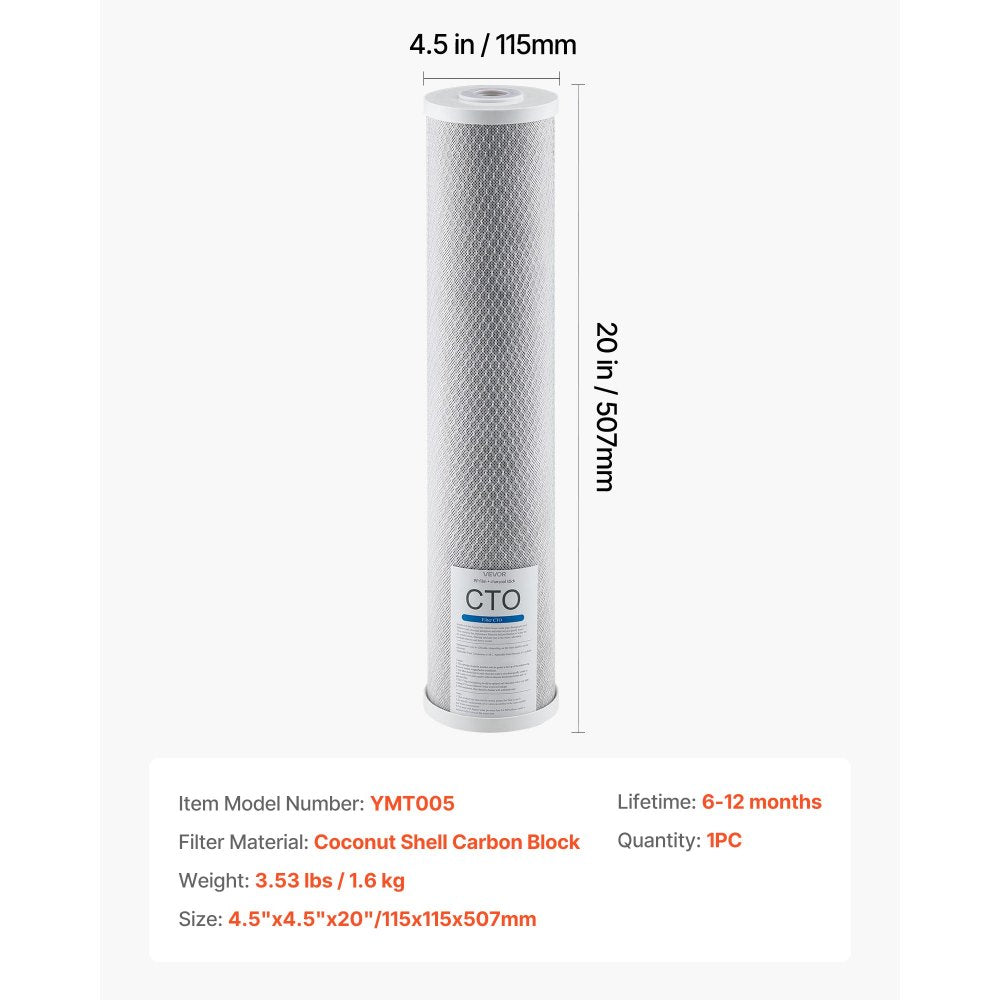 VEVOR Whole House Water Filter Replacement Cartridge, 4.5" x 20" CTO Carbon Block, Replacement Filter for 3-Stage Whole Home Water Filtration System, Reduce Chlorine, Bad Taste, Odor