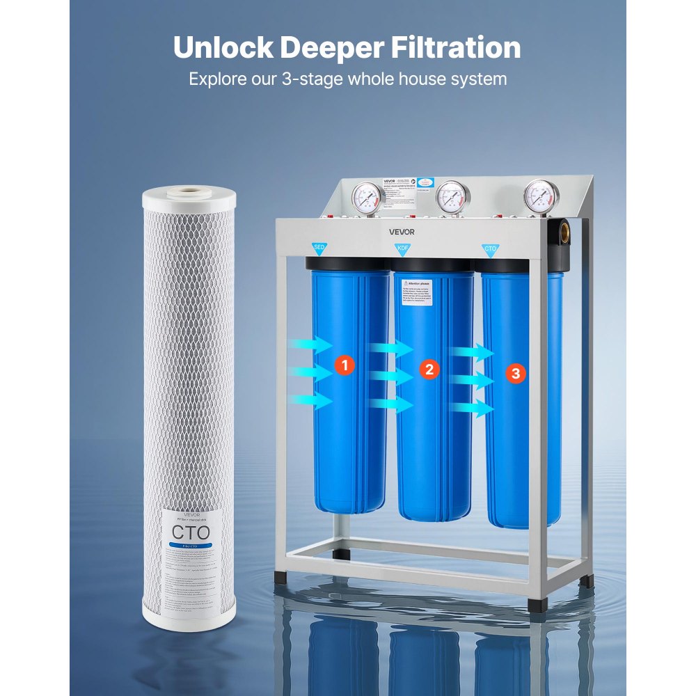 VEVOR Whole House Water Filter Replacement Cartridge, 4.5" x 20" CTO Carbon Block, Replacement Filter for 3-Stage Whole Home Water Filtration System, Reduce Chlorine, Bad Taste, Odor, 2 Pack