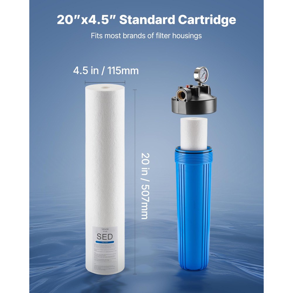 VEVOR Whole House Water Filter Replacement Cartridge, 4.5" x 20" Polypropylene Sediment Filter for 3-Stage Whole Home Water Filtration System, Reduce Sand, Rust, Chlorine, Bad Taste, Odor