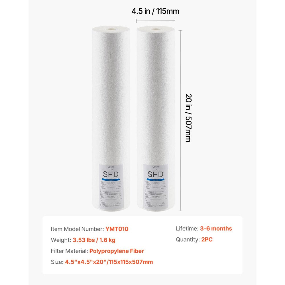 VEVOR Whole House Water Filter Replacement Cartridge, 4.5" x 20" Polypropylene Sediment Filter for 3-Stage Whole Home Water Filtration System, Reduce Sand, Rust, Chlorine, Bad Taste, Odor