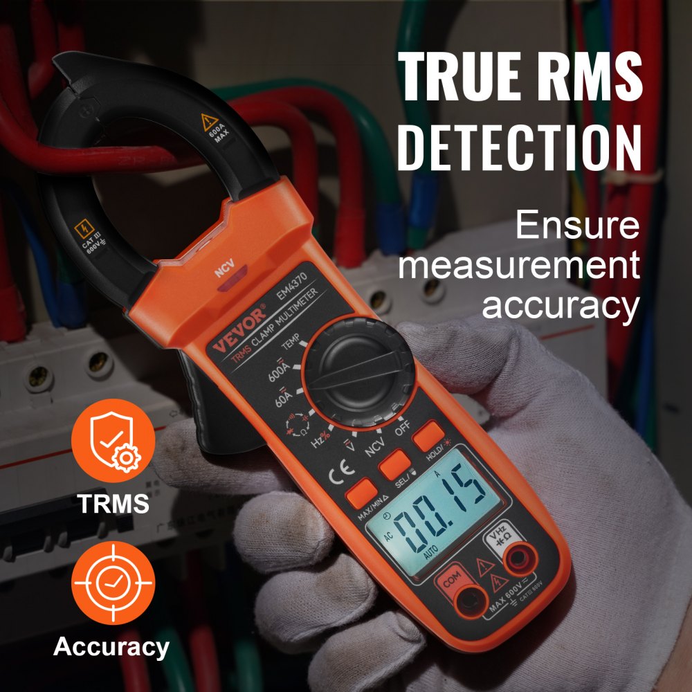 VEVOR Digital Clamp Meter, T-RMS 6000 Counts, 600A Multimeter for Current, Voltage, Resistance, Diodes & Continuity Testing, Data Hold Function, NCV Feature for Domestic & Railway Maintenance