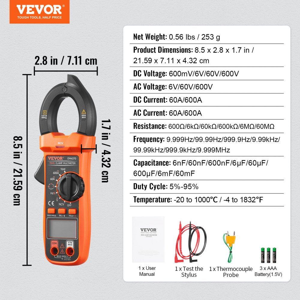 VEVOR Digital Clamp Meter, T-RMS 6000 Counts, 600A Multimeter for Current, Voltage, Resistance, Diodes & Continuity Testing, Data Hold Function, NCV Feature for Domestic & Railway Maintenance