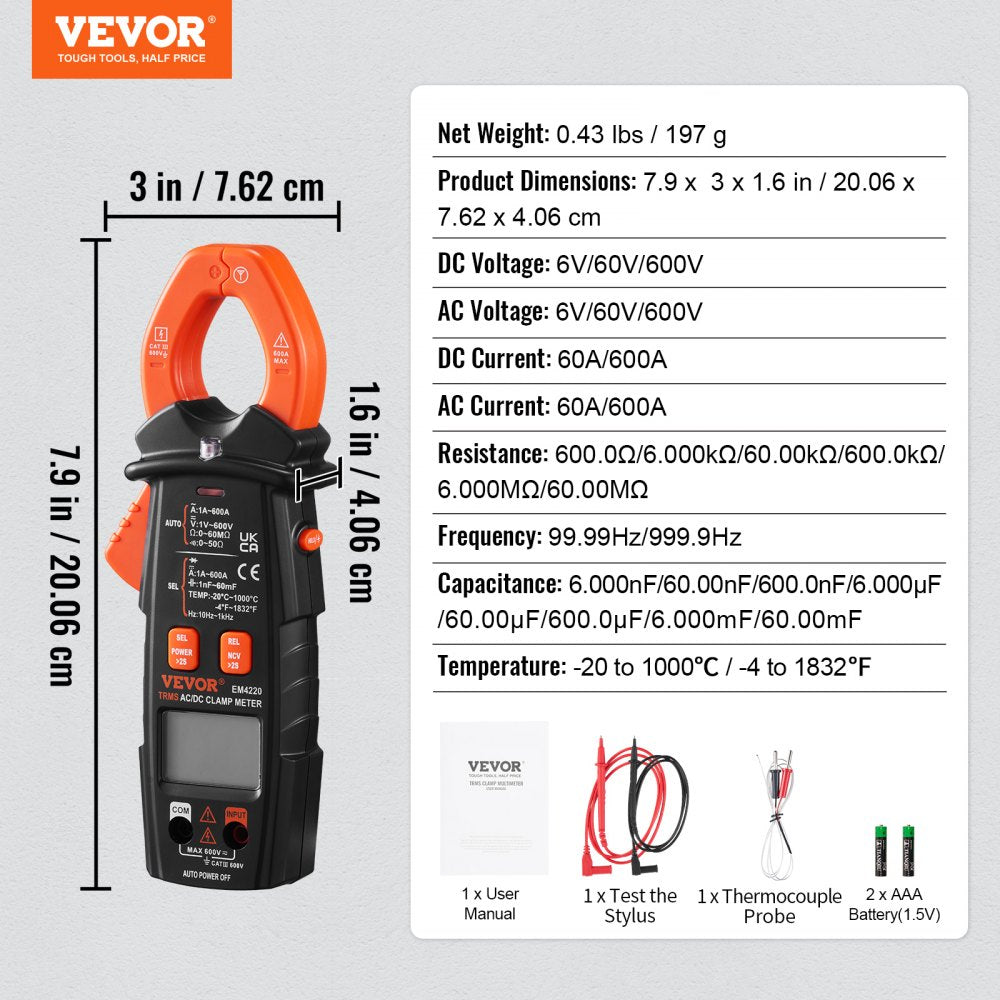 VEVOR Digital Clamp Multimeter, T-RMS 6000 Count, 600A, for Current, Voltage, Resistance, Diodes & Continuity Testing, Data Hold, NCV, Ideal for Domestic Appliances & Railway Maintenance