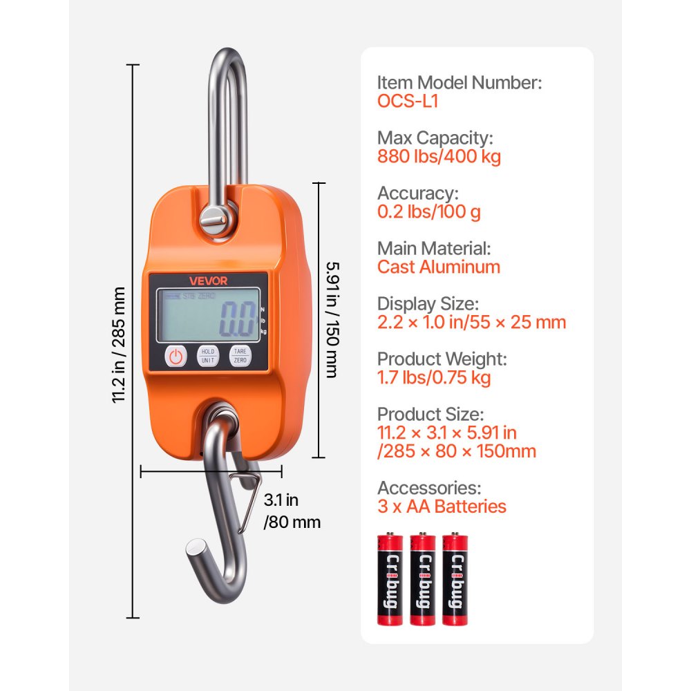 VEVOR Digital Crane Scale, 880 lbs/400 kg Max Capacity, Handheld Hanging Scale with Cast Aluminum Case & LCD Display, 0.2 lbs Division & 3 Unit Switch, Auto-Off Setting for Farm Hunting Fishing, Orange
