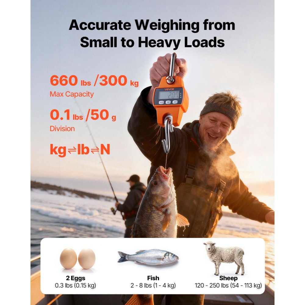 VEVOR Digital Crane Scale, 660 lbs/300 kg Max Capacity, Handheld Hanging Scale with Cast Aluminum Case & LCD Display, 0.1 lbs Division & 3 Unit Switch, Portable Design for Farm Hunting Fishing, Orange