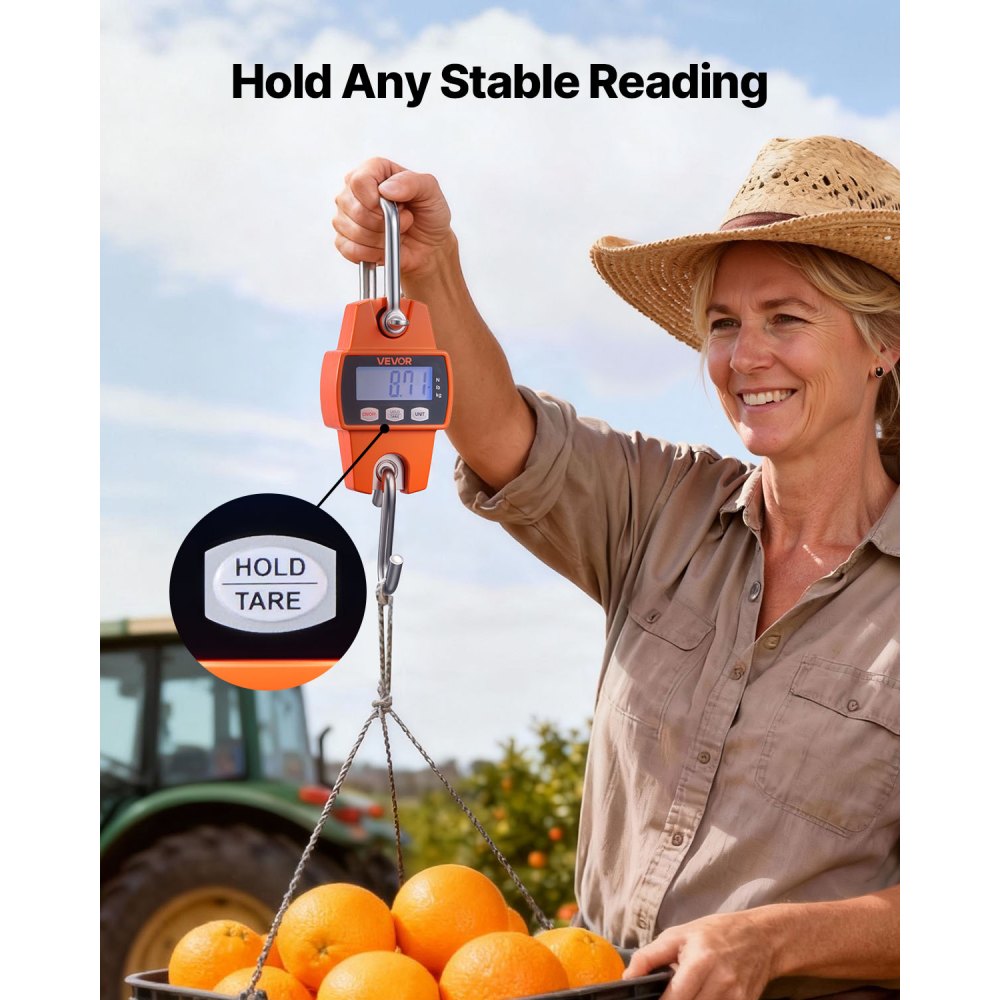 VEVOR Digital Crane Scale, 660 lbs/300 kg Max Capacity, Handheld Hanging Scale with Cast Aluminum Case & LCD Display, 0.1 lbs Division & 3 Unit Switch, Portable Design for Farm Hunting Fishing, Orange