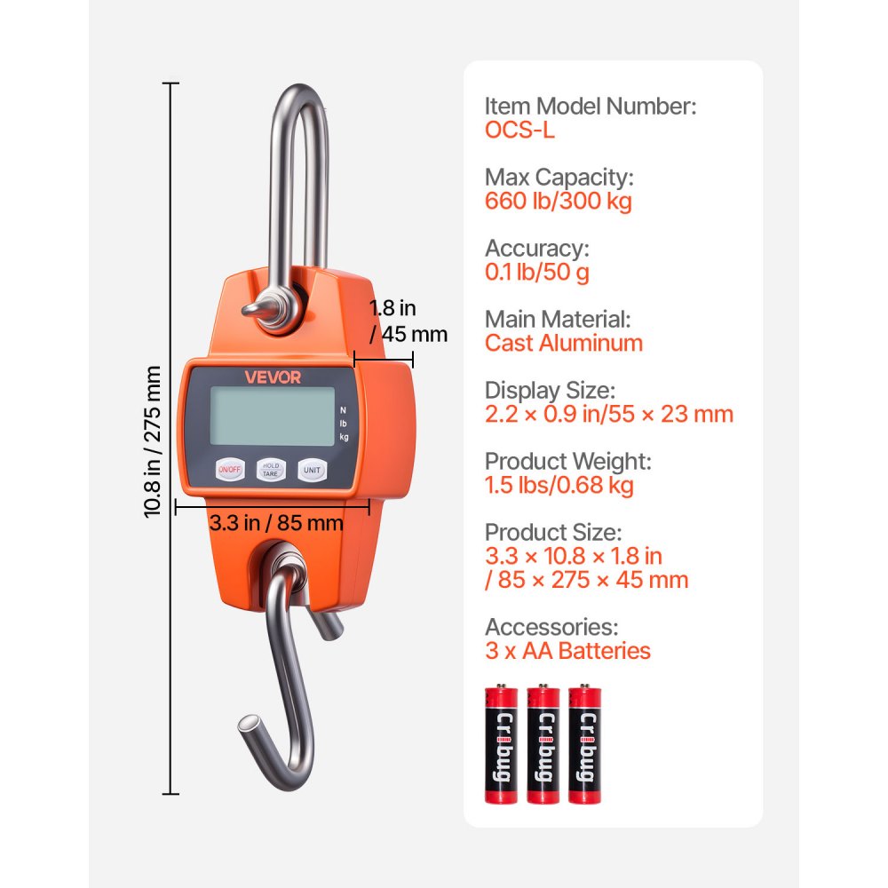 VEVOR Digital Crane Scale, 660 lbs/300 kg Max Capacity, Handheld Hanging Scale with Cast Aluminum Case & LCD Display, 0.1 lbs Division & 3 Unit Switch, Portable Design for Farm Hunting Fishing, Orange