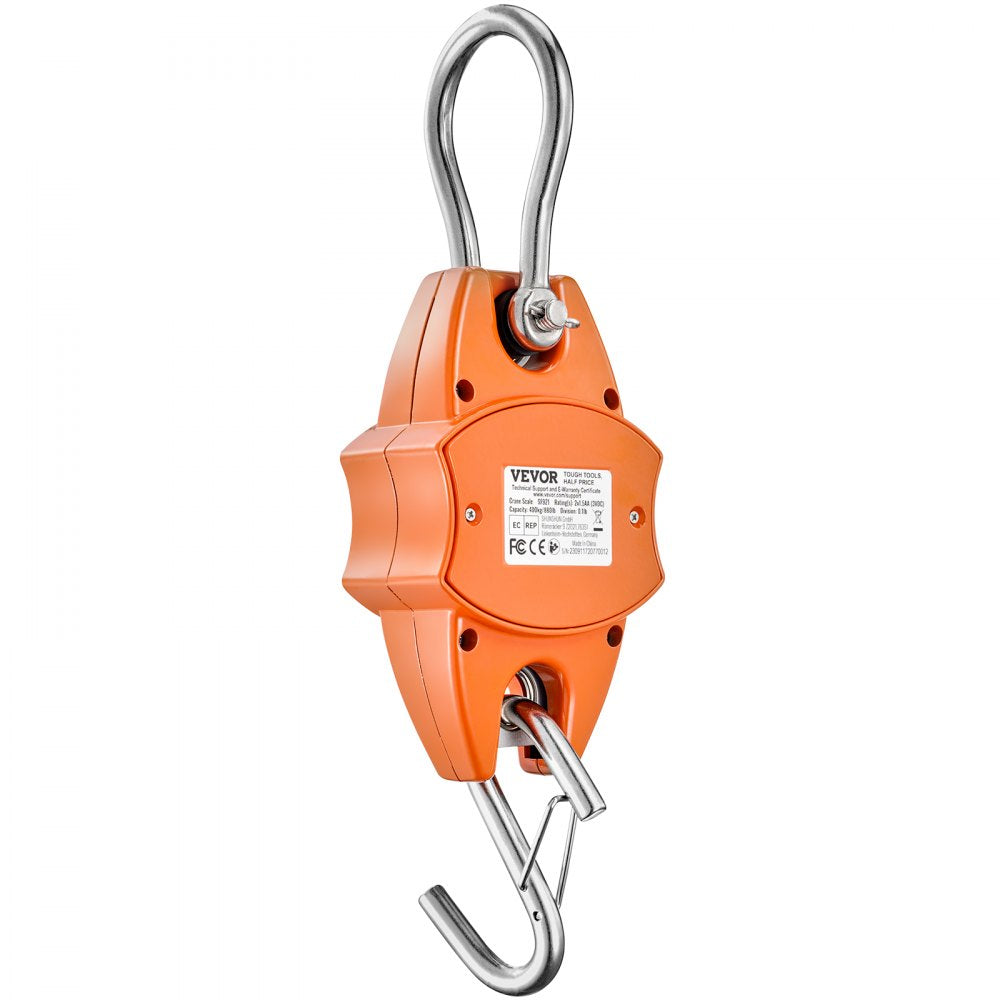 VEVOR Digital Crane Scale, 880 lbs/400 kg, Industrial Heavy Duty Hanging Scale with Cast Aluminum Case & LCD Screen, Handheld Mini Crane with Hooks for Farm, Hunting, Fishing, Outdoor, Garage (Orange)