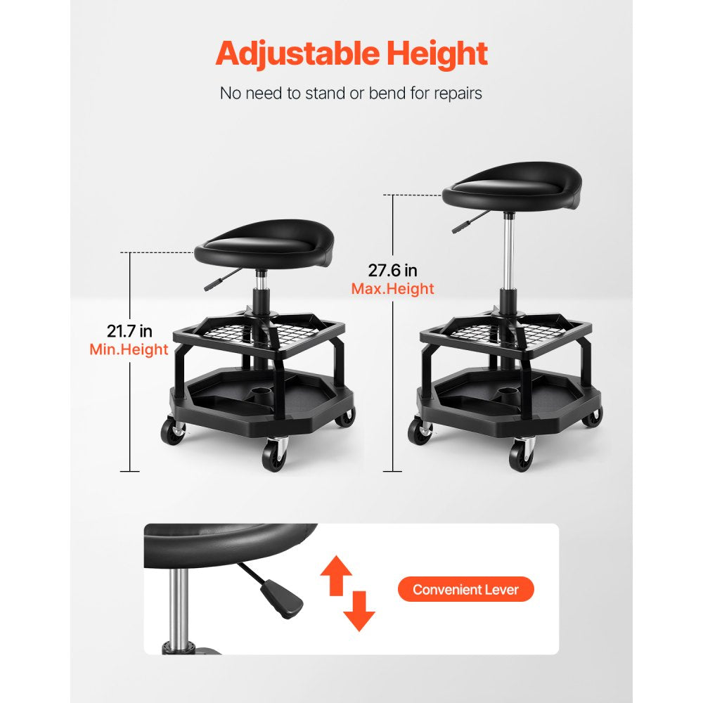 VEVOR Rolling Shop Stool, Pneumatic Garage Seat/Work Stool with 300 lbs Capacity, Adjustable Height Roller Creeper Seat, 360° Swivel Padded Workshop Stool with Casters, for Garage, Shop & Auto Repair