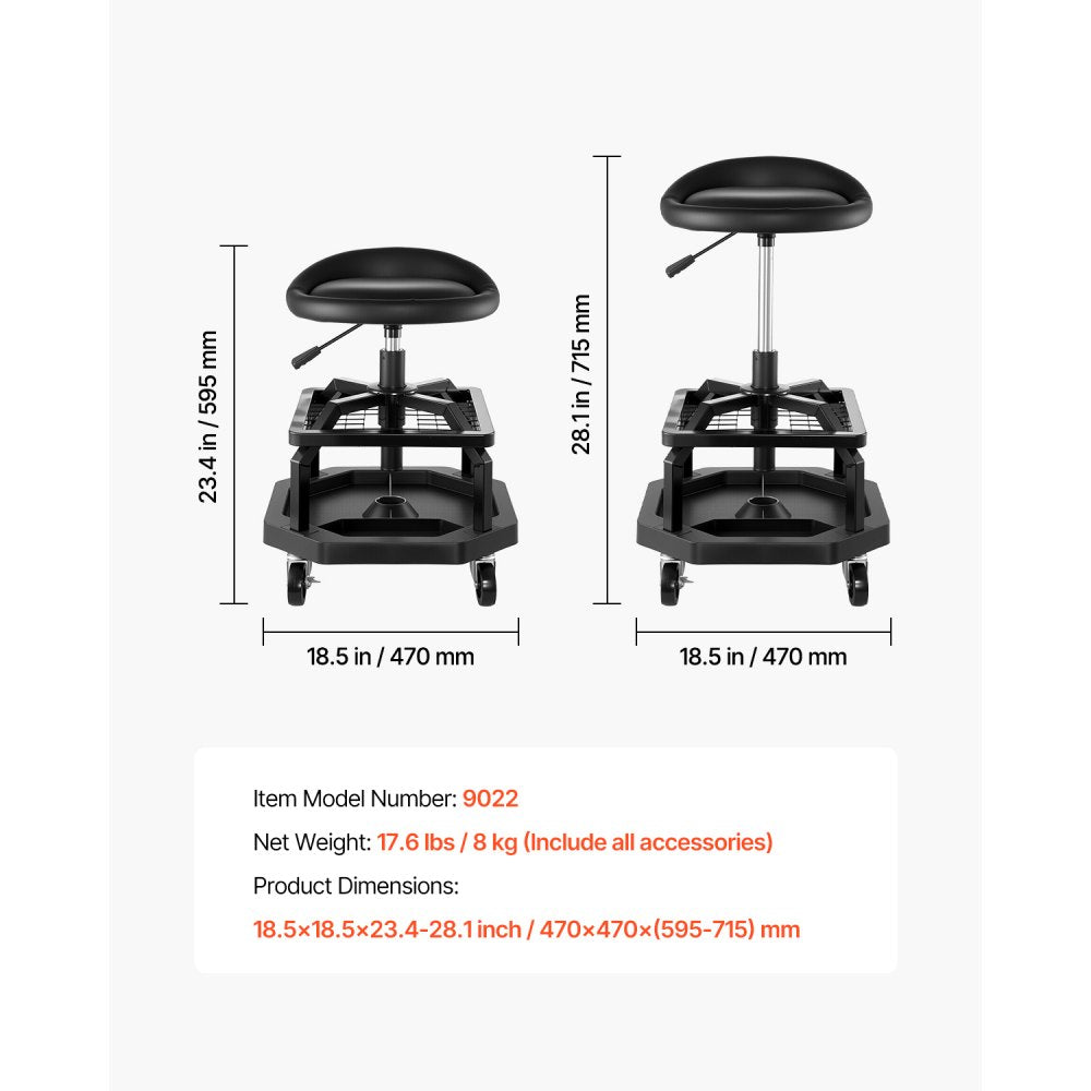 VEVOR Rolling Shop Stool, Pneumatic Garage Seat/Work Stool with 300 lbs Capacity, Adjustable Height Roller Creeper Seat, 360° Swivel Padded Workshop Stool with Casters, for Garage, Shop & Auto Repair