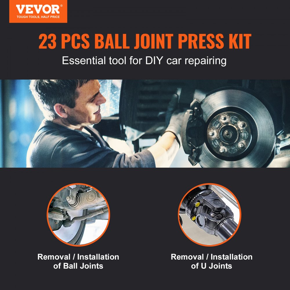 VEVOR Ball Joint Press Kit, 23 pcsTool Kit, C-press Ball joint Remove and Install Tools, for Most 2WD and 4WD Cars, Heavy Duty Ball Joint Repair Kit for Automotive Repairing