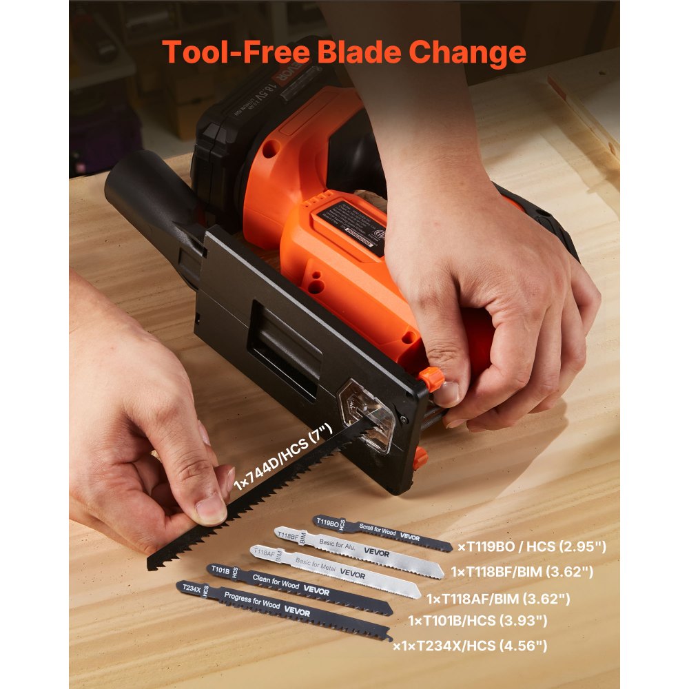 VEVOR Cordless Jig Saw, 20 V, 3000 SPM Blade Speed, Cordless Jigsaw with Battery and Charger, LED Light, 6 Variable Speed, 0- 45° Bevel Cuts, with 6 pcs Blades, 4 Orbital Settings, for Wood, Metal