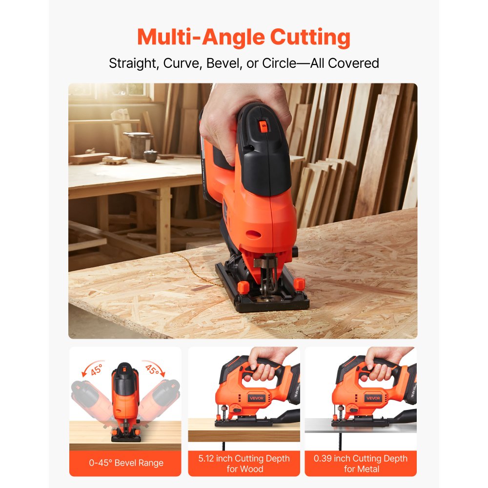 VEVOR Cordless Jig Saw, 20 V Brushless Motor, 3500 SPM Blade Speed, Cordless Jigsaw with 6 pcs Blades, LED Light, 6 Variable Speed, 0- 45° Bevel Cuts, 4 Orbital Settings, for Wood and Metal Cutting