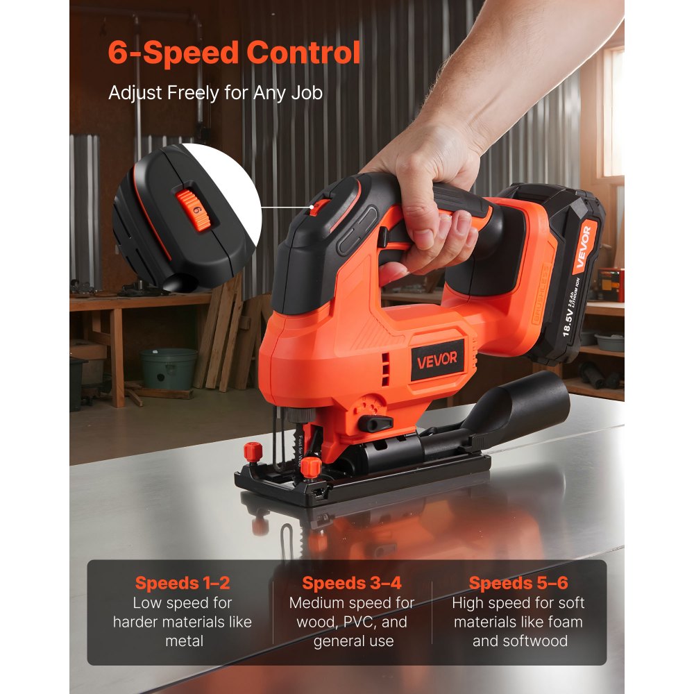 VEVOR Cordless Jig Saw, 20 V Brushless Motor, 3500 SPM Blade Speed, Cordless Jigsaw with 6 pcs Blades, LED Light, 6 Variable Speed, 0- 45° Bevel Cuts, 4 Orbital Settings, for Wood and Metal Cutting