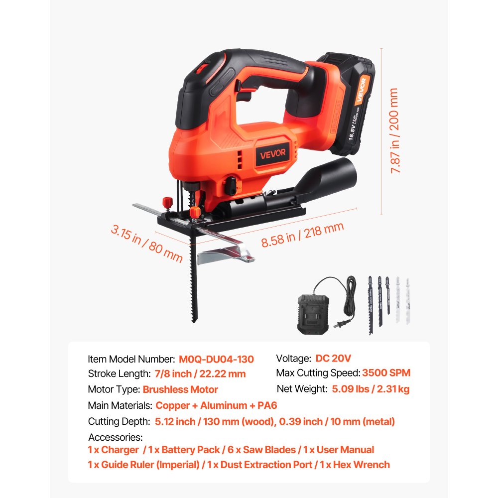 VEVOR Cordless Jig Saw, 20 V Brushless Motor, 3500 SPM Blade Speed, Cordless Jigsaw with 6 pcs Blades, LED Light, 6 Variable Speed, 0- 45° Bevel Cuts, 4 Orbital Settings, for Wood and Metal Cutting