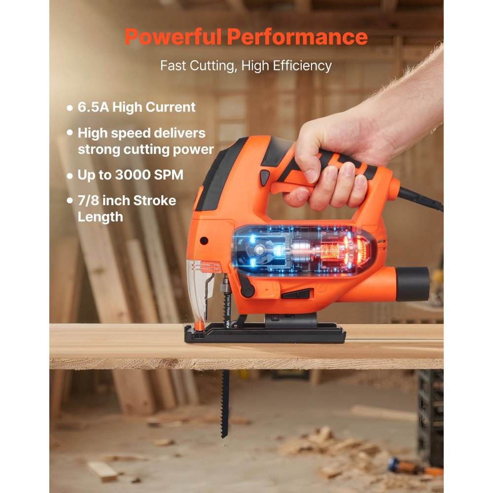 VEVOR Jig Saw, 6.5 Amp, 3000 SPM Blade Speed, Electric Jigsaw with 6 pcs Blades, LED Light, 6 Variable Speed, 0- 45° Bevel Cuts, 4 Orbital Settings for Straight/Circle Cutting, for Wood and Metal