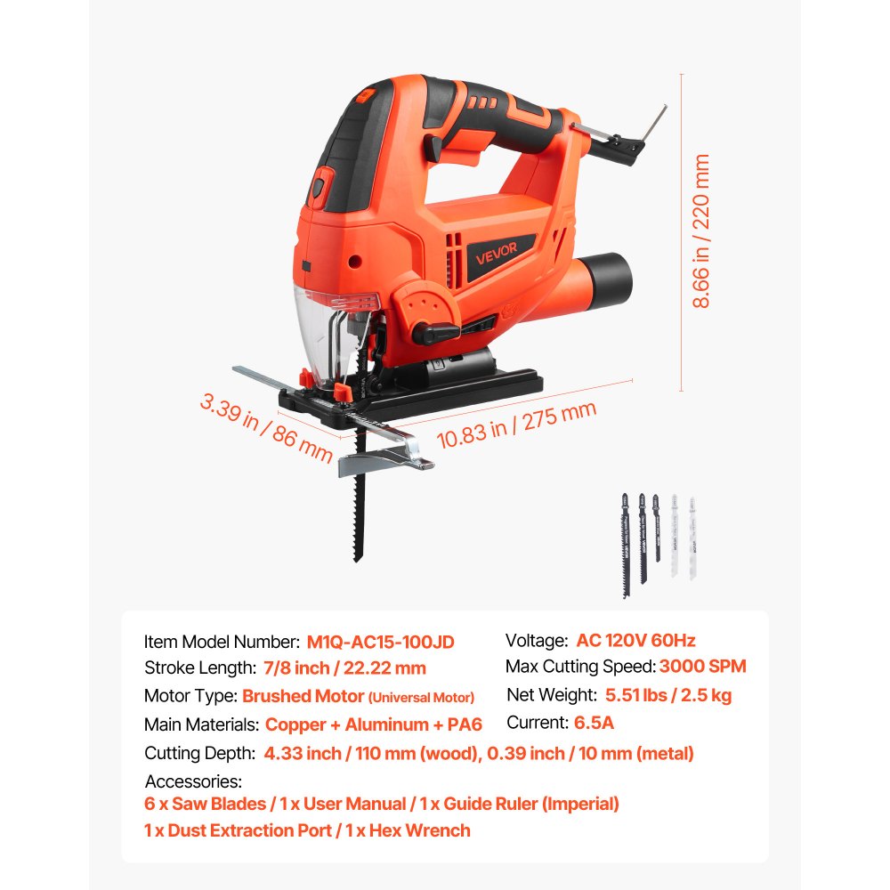 VEVOR Jig Saw, 6.5 Amp, 3000 SPM Blade Speed, Electric Jigsaw with 6 pcs Blades, LED Light, 6 Variable Speed, 0- 45° Bevel Cuts, 4 Orbital Settings for Straight/Circle Cutting, for Wood and Metal