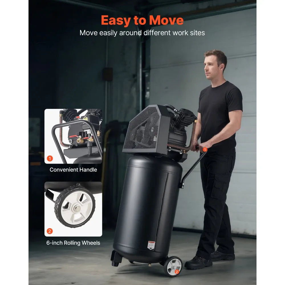 VEVOR 25-Gallon Air Compressor, 2HP 5.5 SCFM at 90PSI, Max 200PSI Pressure Oil-Lubricated Air Compressor Tank, Portable on Wheels for Auto Repair, Tire Inflation, Spray Painting, Woodwork Nailing, 120V