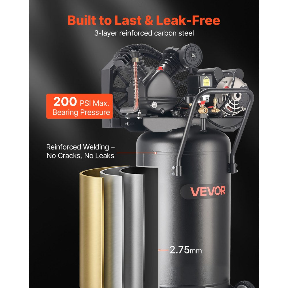 VEVOR 25-Gallon Air Compressor, 2HP 5.5 SCFM at 90PSI, Max 200PSI Pressure Oil-Lubricated Air Compressor Tank, Portable on Wheels for Auto Repair, Tire Inflation, Spray Painting, Woodwork Nailing, 120V