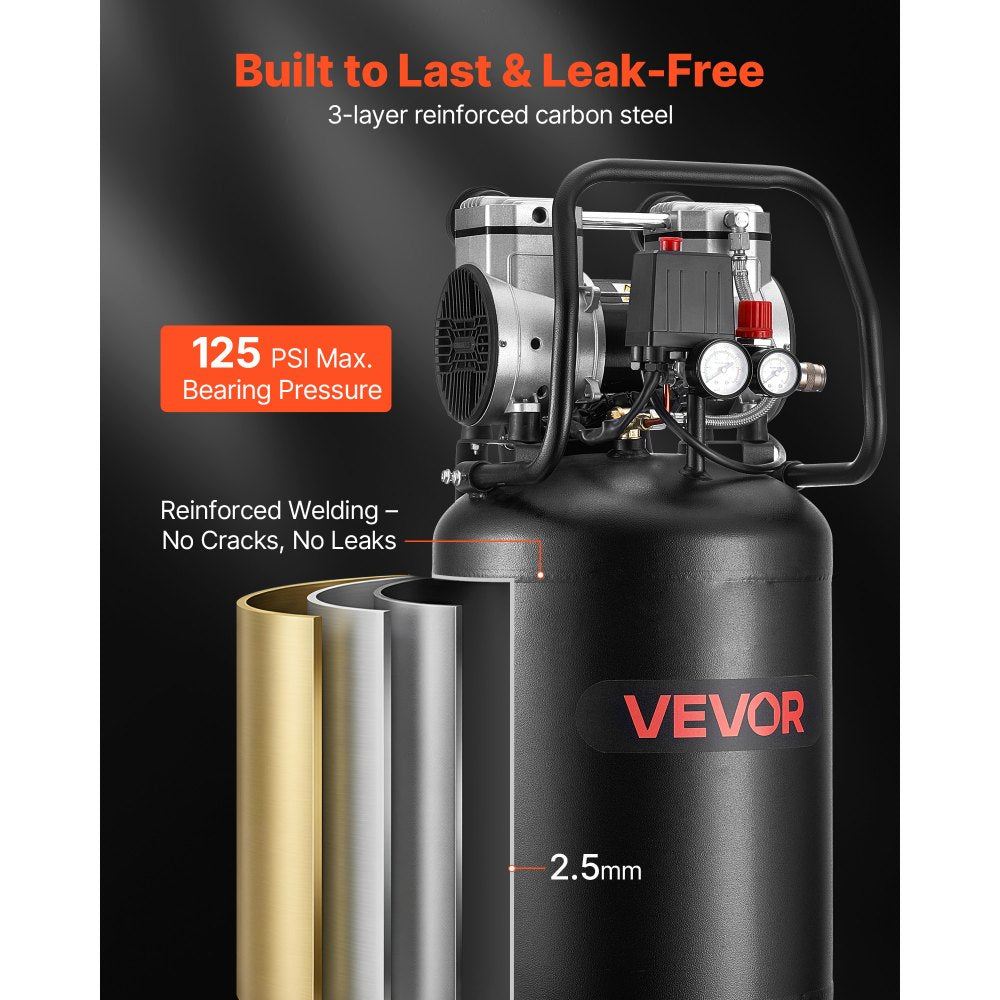 VEVOR 10-Gallon Air Compressor, 2HP 4.8 SCFM at 90PSI, Max 125PSI Pressure Oil-Free Air Compressor Tank, Portable on Wheels for Auto Repair, Tire Inflation, Spray Painting, Woodwork Nailing, 120V