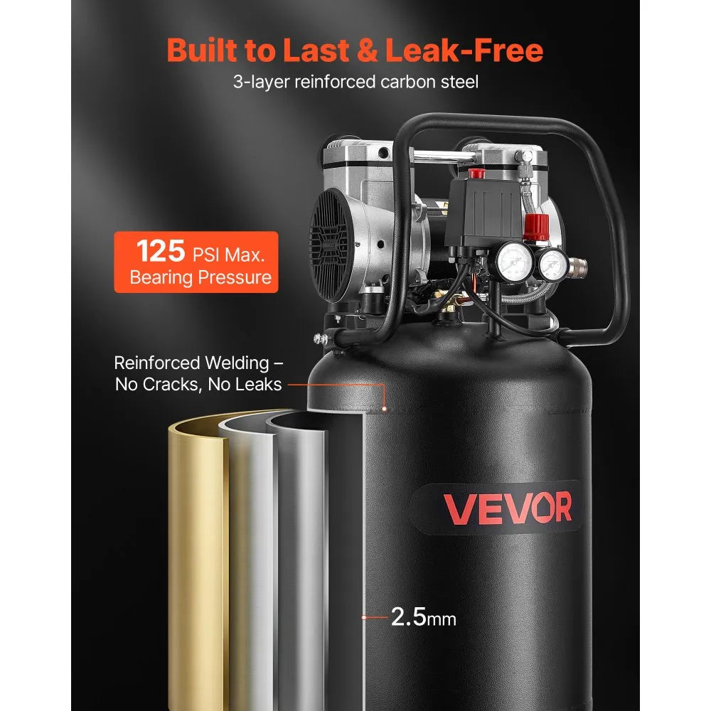 VEVOR 14-Gallon Air Compressor, 2HP 4.3 SCFM at 90PSI, Max 125PSI Pressure Oil-Free Air Compressor Tank, Portable on Wheels for Auto Repair, Tire Inflation, Spray Painting, Woodwork Nailing, 120V