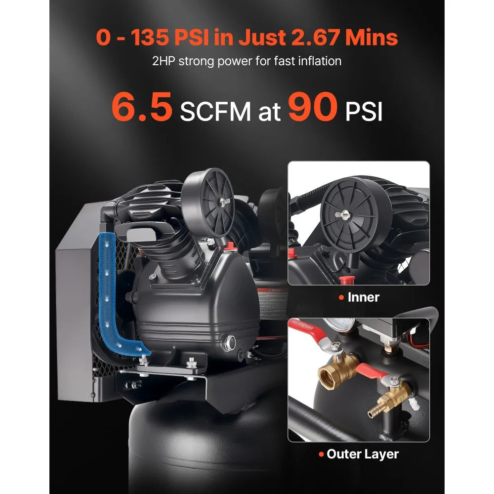VEVOR 20-Gallon Air Compressor, 2HP 6.5SCFM at 90PSI, Max 135PSI Pressure Oil-Lubricated Air Compressor Tank, Portable on Wheels for Auto Repair, Tire Inflation, Spray Painting, Woodwork Nailing, 120V