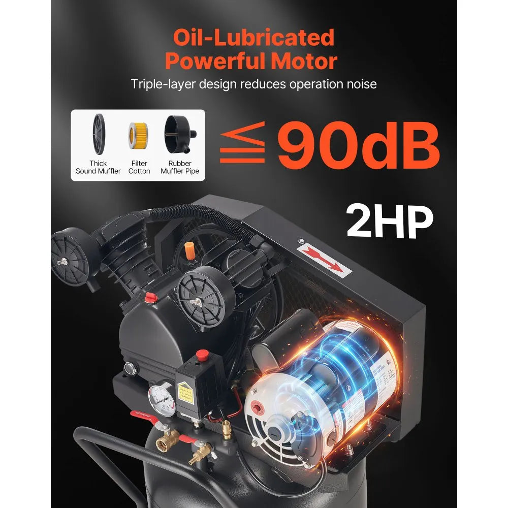 VEVOR 20-Gallon Air Compressor, 2HP 6.5SCFM at 90PSI, Max 135PSI Pressure Oil-Lubricated Air Compressor Tank, Portable on Wheels for Auto Repair, Tire Inflation, Spray Painting, Woodwork Nailing, 120V