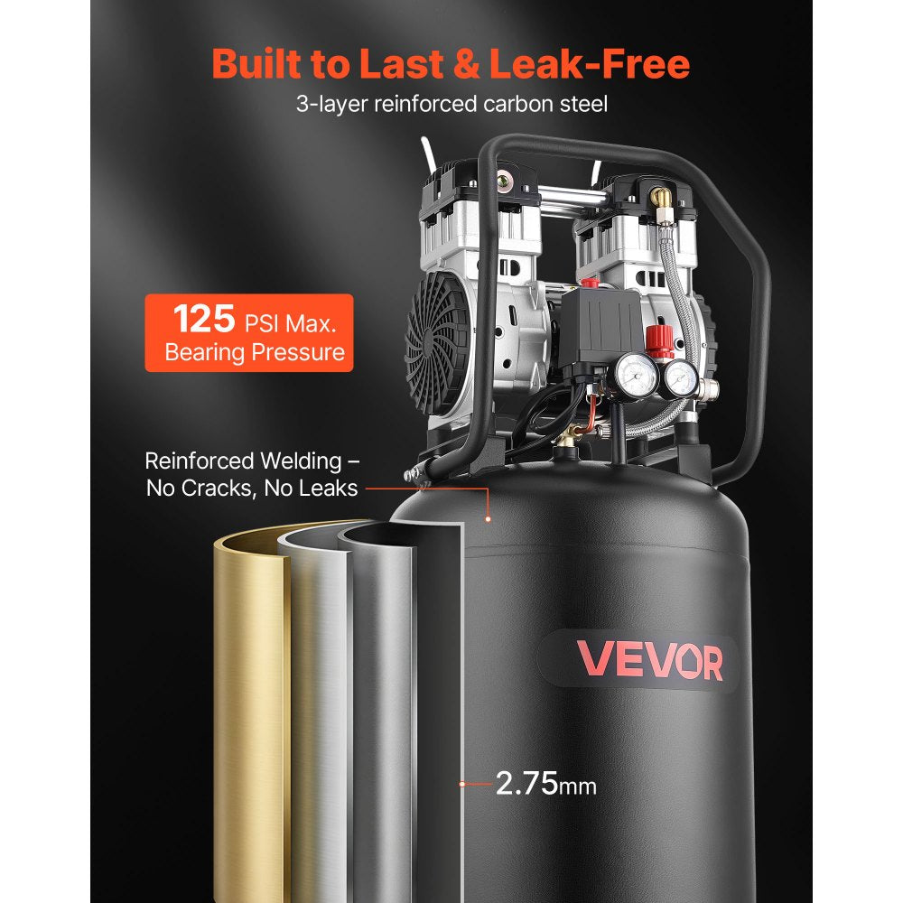 VEVOR 20-Gallon Air Compressor, 2HP 4.5 SCFM at 90PSI, Max 125PSI Pressure Oil-Free Air Compressor Tank, Portable on Wheels for Auto Repair, Tire Inflation, Spray Painting, Woodwork Nailing, 120V