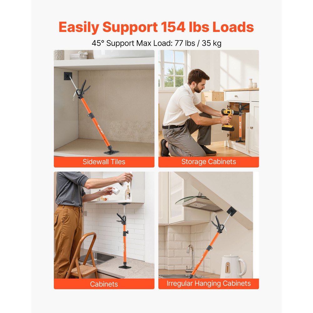 VEVOR Cabinet Jack Support Pole, 2-Pack, 20.8-45.3 Inch Steel Telescopic Quick Support Rod, Adjustable 3rd Hand System up to 154 lbs Capacity for Installing Cabinets, Lifting Drywall, Cargo Bars