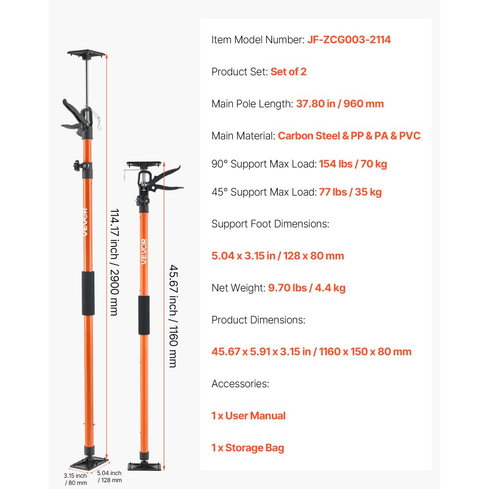 VEVOR Cabinet Jack Support Pole, 2-Pack, 45.7-114.2 Inch Steel Telescopic Quick Support Rod, Adjustable 3rd Hand System up to 154 lbs Capacity for Installing Cabinets, Lifting Drywall, Cargo Bars