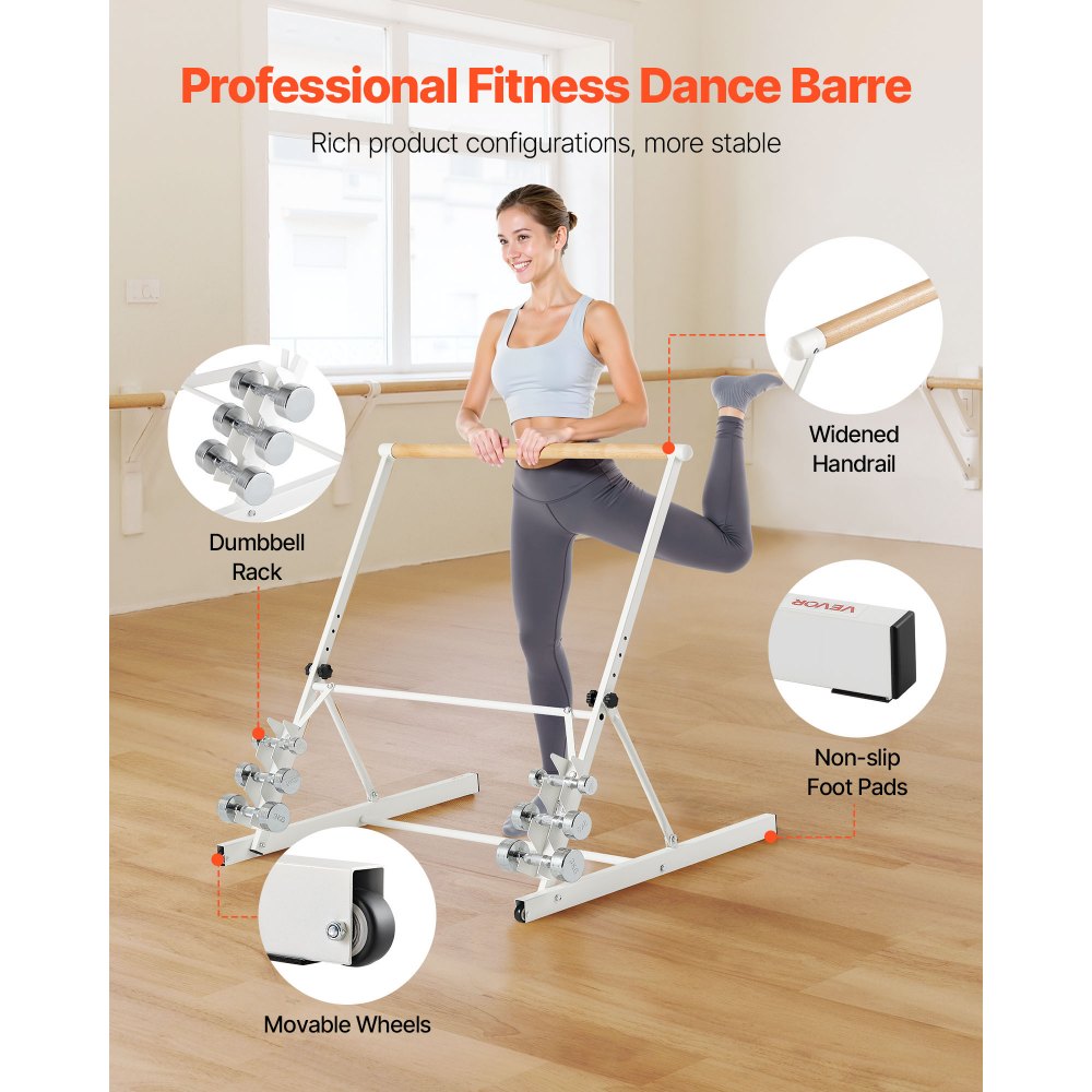 VEVOR Ballet Barre, 3 ft Freestanding Portable Barre Bar, Home Fitness Exercise Equipment for Abs, Arms, Strength, and Cardio, Easy to Store Foldable Stretching Dance Bars, 4 Level Height Adjustable