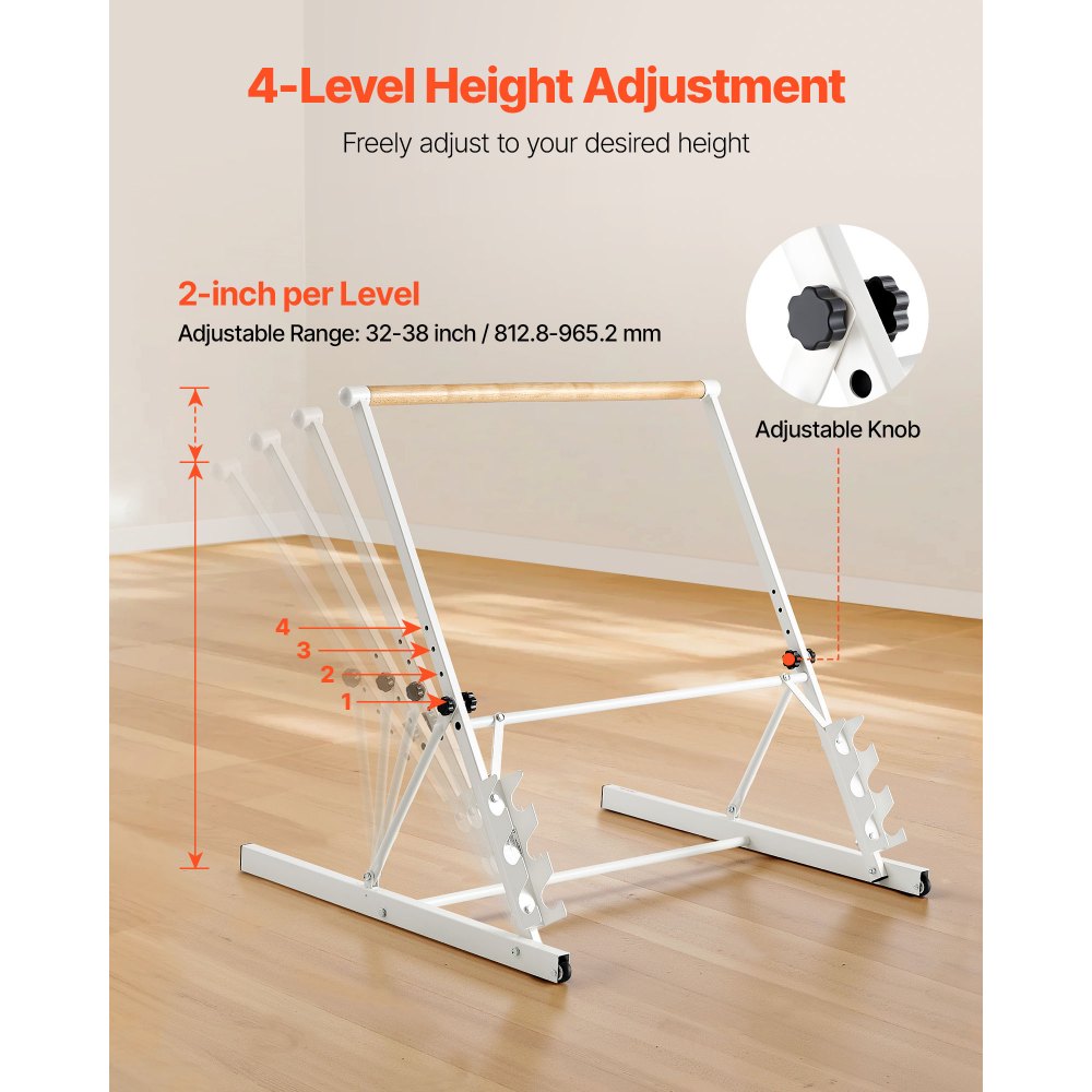 VEVOR Ballet Barre, 3 ft Freestanding Portable Barre Bar, Home Fitness Exercise Equipment for Abs, Arms, Strength, and Cardio, Easy to Store Foldable Stretching Dance Bars, 4 Level Height Adjustable