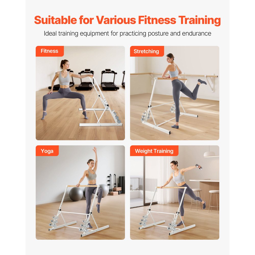 VEVOR Ballet Barre, 3 ft Freestanding Portable Barre Bar, Home Fitness Exercise Equipment for Abs, Arms, Strength, and Cardio, Easy to Store Foldable Stretching Dance Bars, 4 Level Height Adjustable