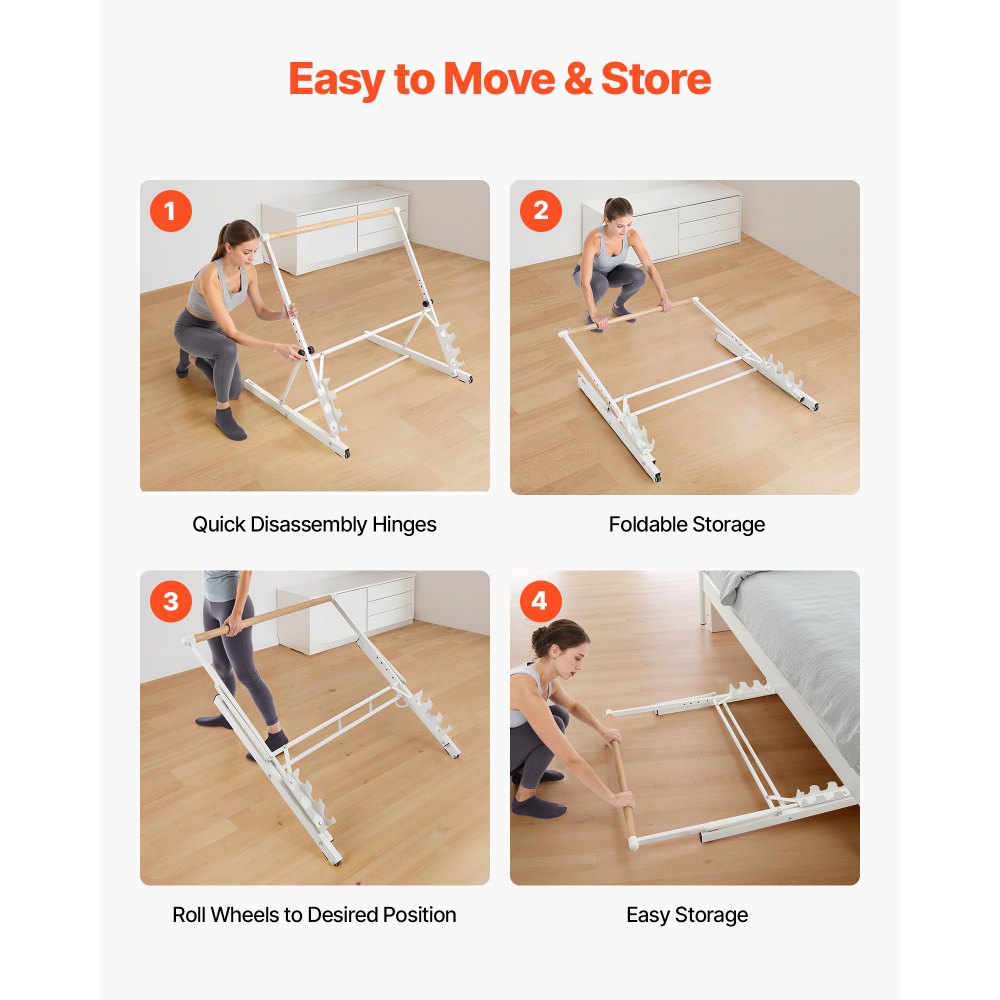 VEVOR Ballet Barre, 3 ft Freestanding Portable Barre Bar, Home Fitness Exercise Equipment for Abs, Arms, Strength, and Cardio, Easy to Store Foldable Stretching Dance Bars, 4 Level Height Adjustable