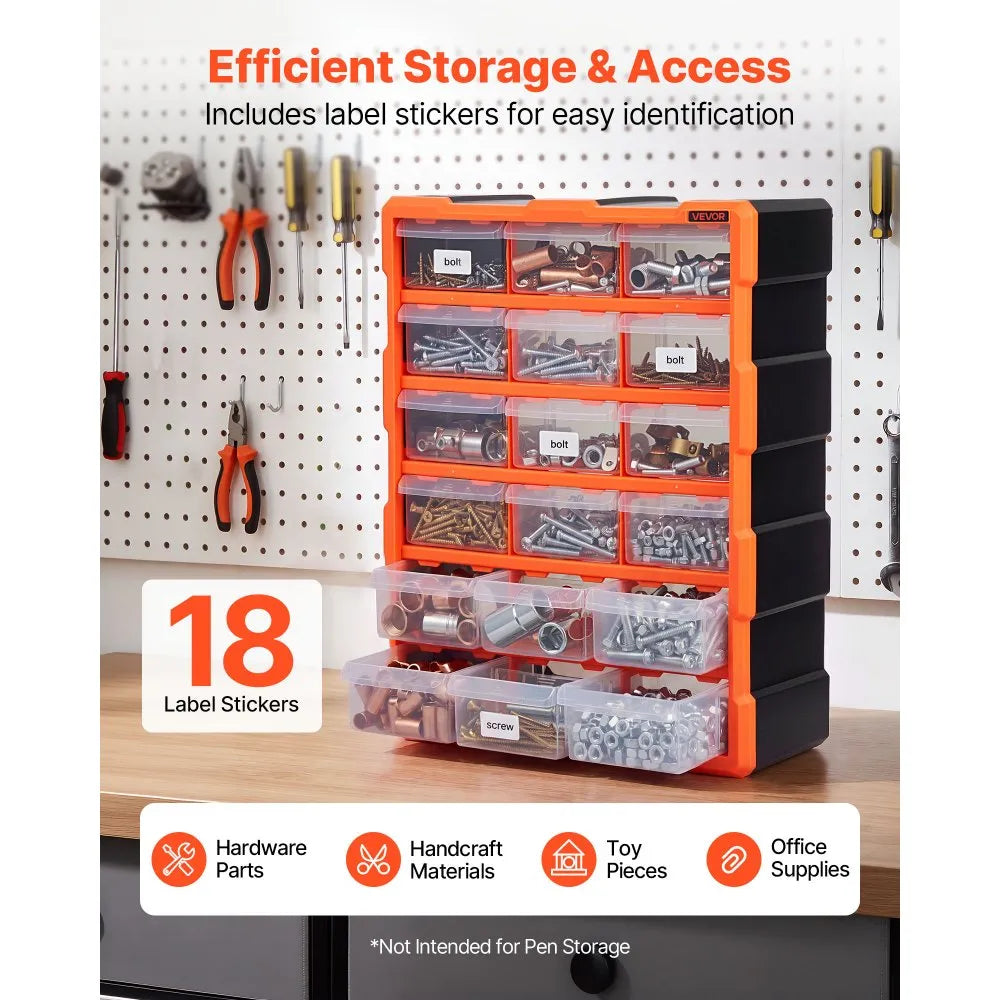 VEVOR 18-Drawer Storage Organizer, Plastic, Drawer Storage Cabinet for Garage Organization, Stackable Small Parts Organizer, Wall-Mounted Toolbox, for Hardware, Beads, Screws, Crafts, Building Bricks