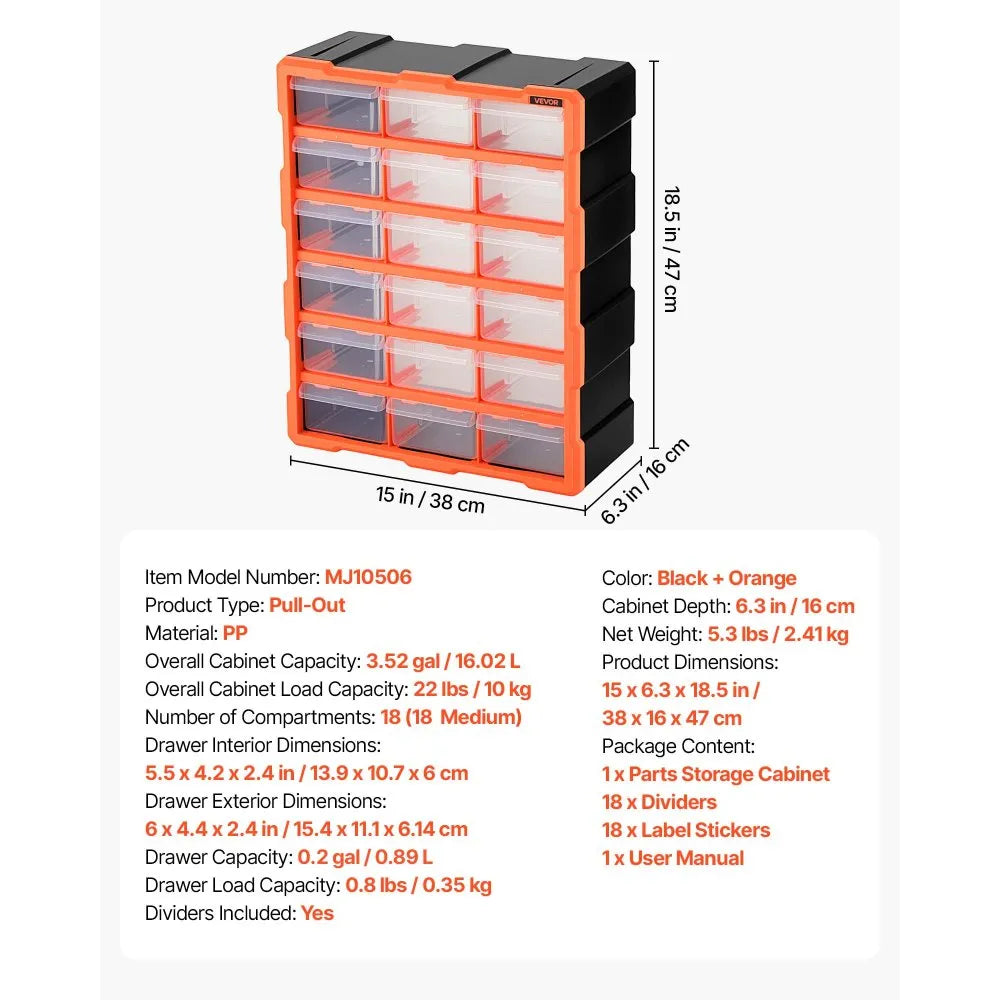 VEVOR 18-Drawer Storage Organizer, Plastic, Drawer Storage Cabinet for Garage Organization, Stackable Small Parts Organizer, Wall-Mounted Toolbox, for Hardware, Beads, Screws, Crafts, Building Bricks