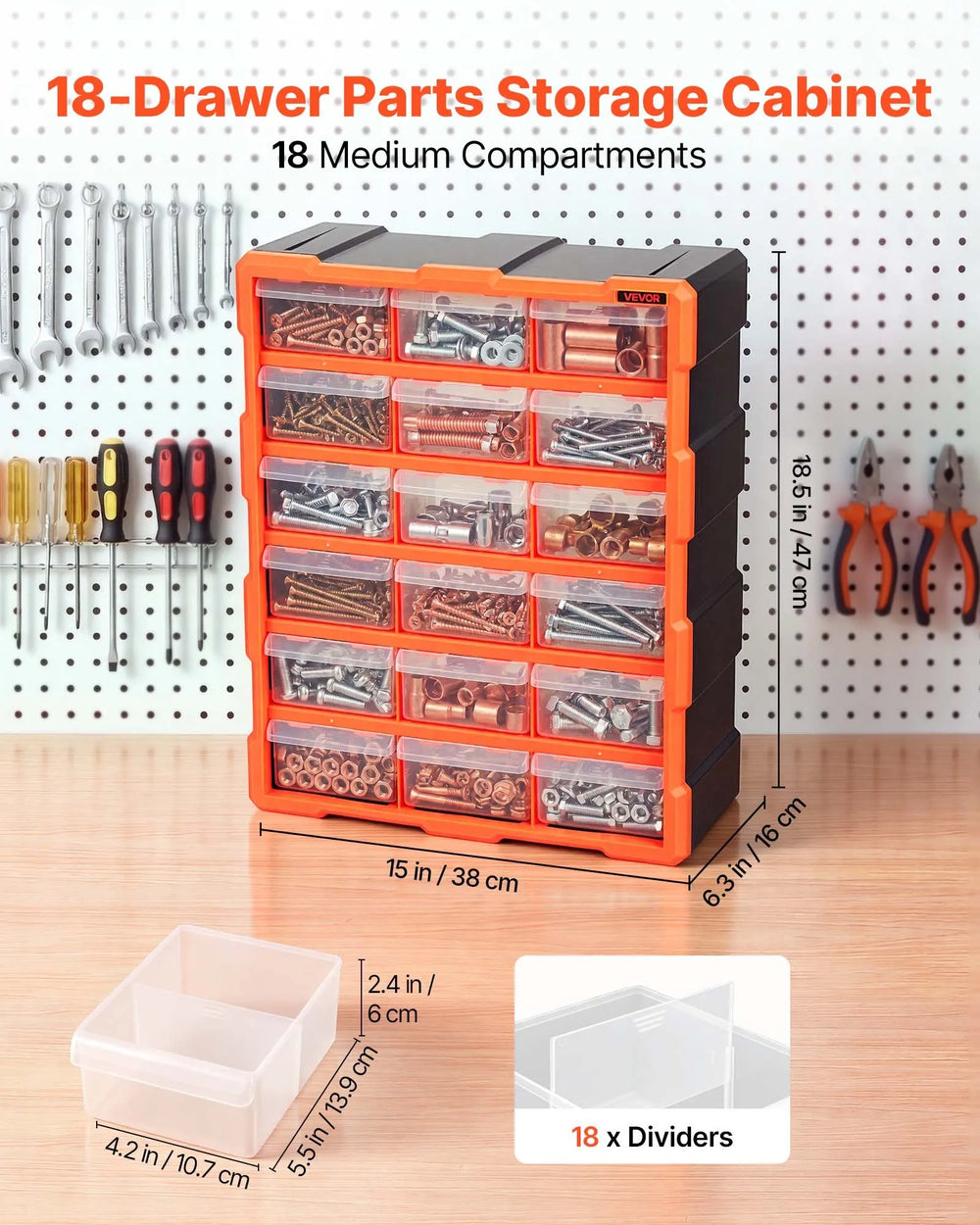 VEVOR 18-Drawer Storage Organizer, Plastic, Drawer Storage Cabinet for Garage Organization, Stackable Small Parts Organizer, Wall-Mounted Toolbox, for Hardware, Beads, Screws, Crafts, Building Bricks