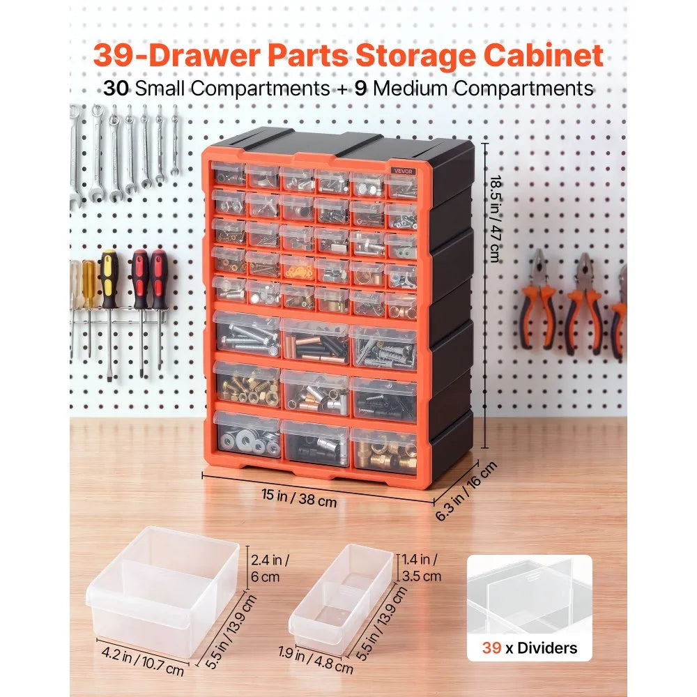 VEVOR 39-Drawer Storage Organizer, Plastic, Drawer Storage Cabinet for Garage Organization, Stackable Small Parts Organizer, Wall-Mounted Toolbox, for Hardware, Beads, Screws, Crafts, Building Bricks