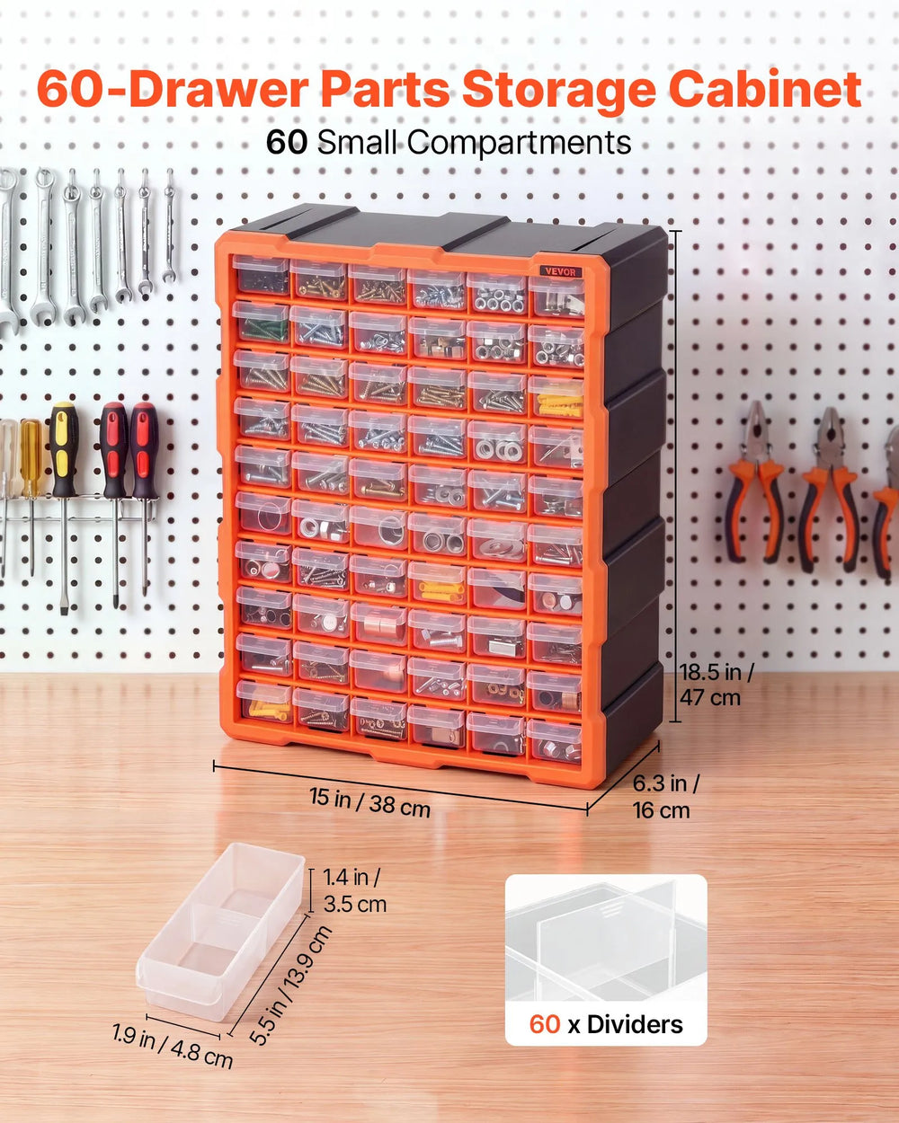 VEVOR 60-Drawer Storage Organizer, Plastic, Drawer Storage Cabinet for Garage Organization, Stackable Small Parts Organizer, Wall-Mounted Toolbox, for Hardware, Beads, Screws, Crafts, Building Bricks